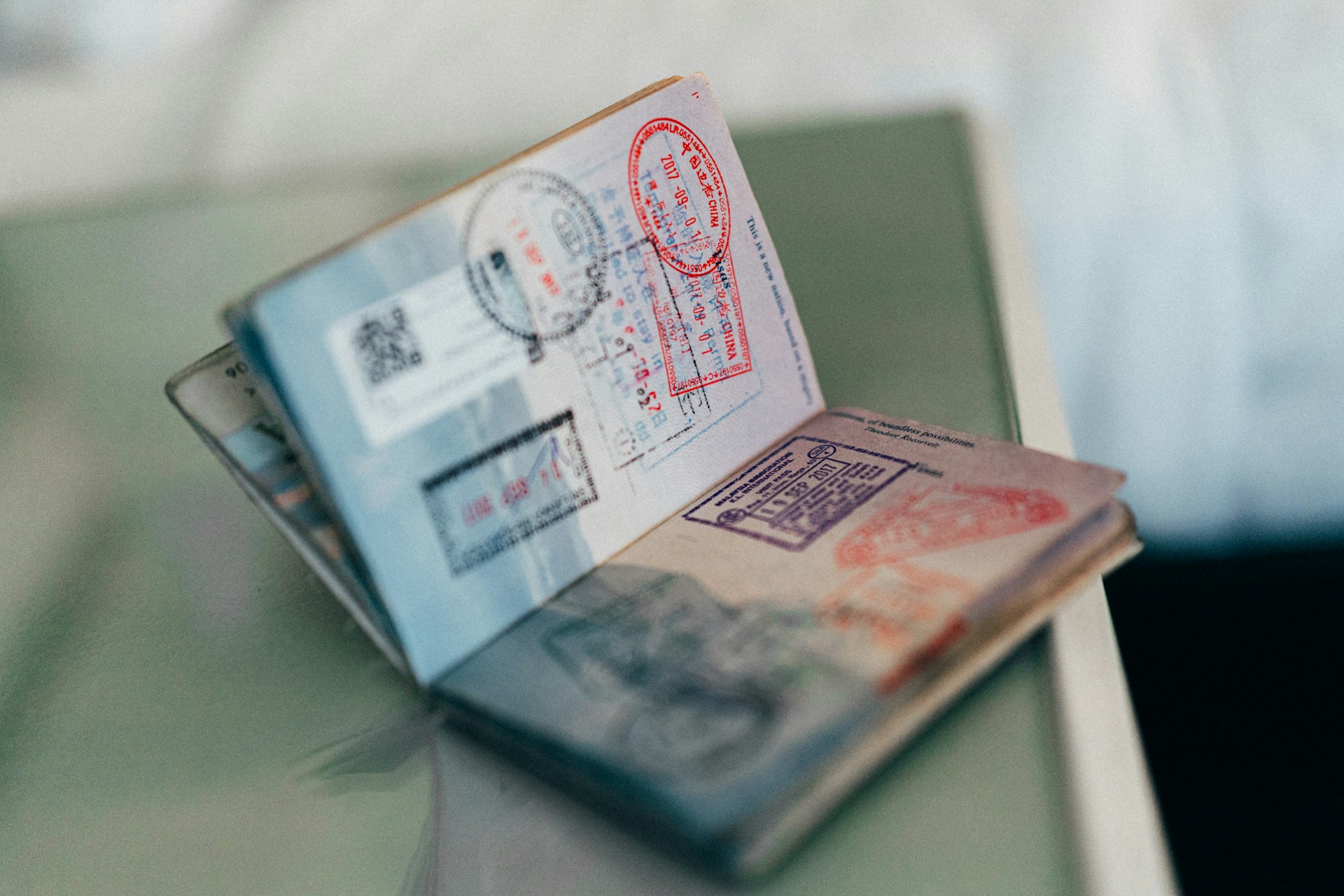 Visa stamps on a passport